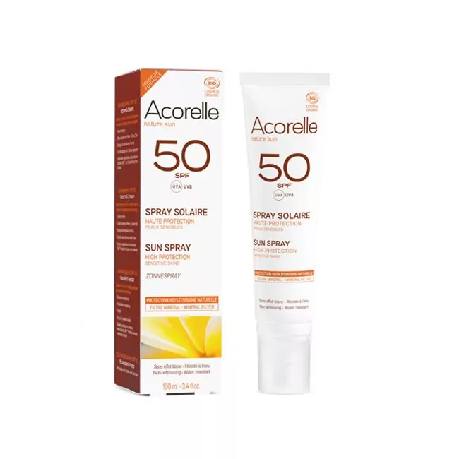Crème Solaire Bio SPF50 en spray Acorelle pack