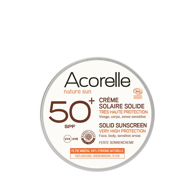 Acorelle's Solid SPF 50+ Mineral sunscreen