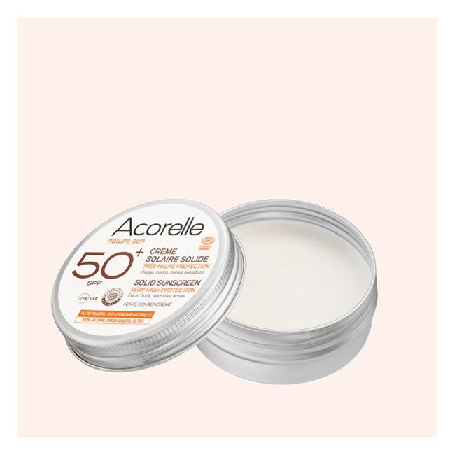 Acorelle's Solid SPF 50+ Mineral sunscreen Packaging