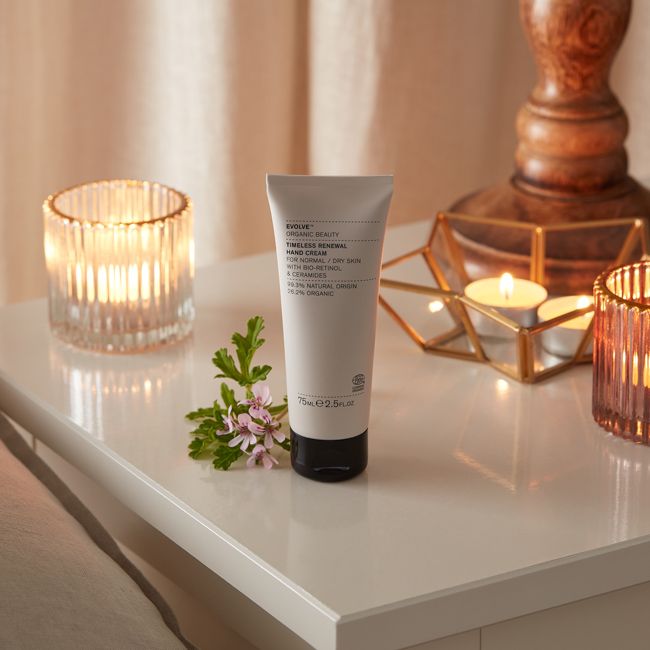 Evolve Beauty's Timeless Renewal Organic hand cream Lifestyle