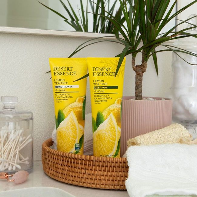 Desert Essence natural organic purifying shampoo with Tea Tree Lemon lifestyle
