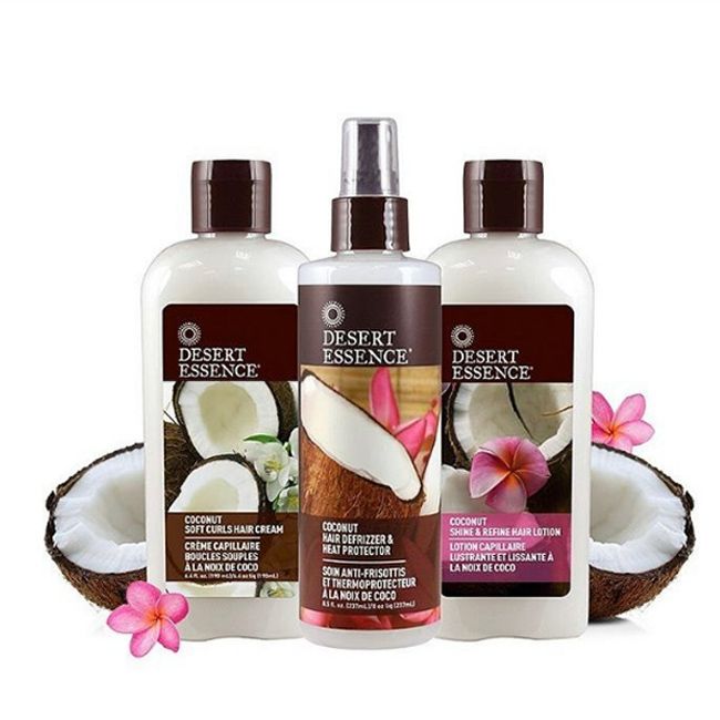 Desert Essence anti-frizz and thermo-protective hair spray with coconut packshot