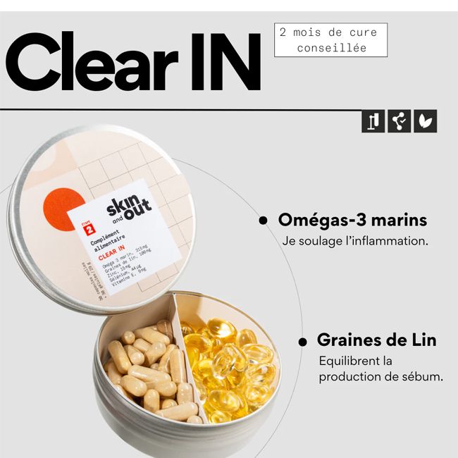 Complément alimentaire naturel CLEAR IN stop-boutons Skin & Out Bienfaits