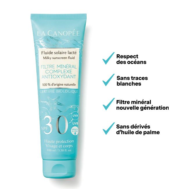 Crème solaire bio fluide lacte SPF 30 La Canopée